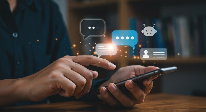Person using a smartphone with chat bubbles and robot icons representing digital communication and artificial intelligence