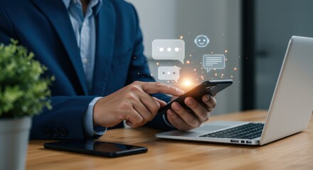 Businessman using smartphone and laptop for communication and online messaging in a modern office setting