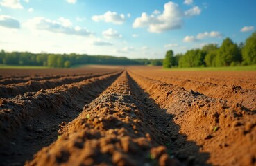 Fototapeta premium Plowed field furrows under blue sky. Arable land, farm. Agronomy, agriculture, farming, cultivation. Horizon with trees. Rural landscape, countryside. Farming industry background. Agricultural