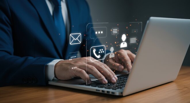 A businessman is typing on a laptop with communication icons floating above the keyboard