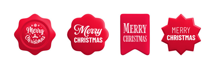 Vector cartoon 3d Merry Christmas sticker medal realistic icon set. Red round wavy, starburst, bookmark season greetings label, Christmas gift tag, Xmas badge. Winter holiday seal with lettering