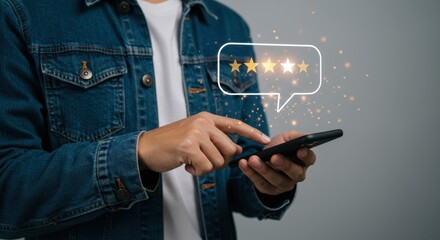 A person uses a smartphone to provide a four star rating in an online customer feedback review system