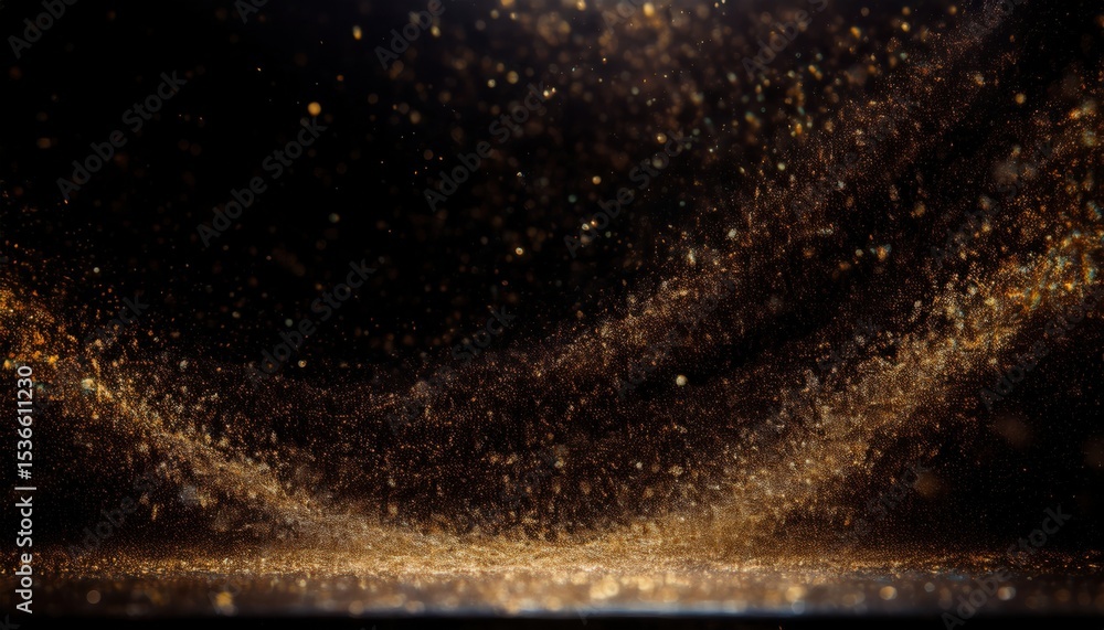 Poster golden particle burst in dark space with glittering dust trails and glowing abstract light patterns 