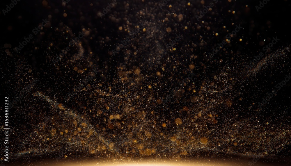 Poster golden particle burst in dark space with glittering dust trails and glowing abstract light patterns 