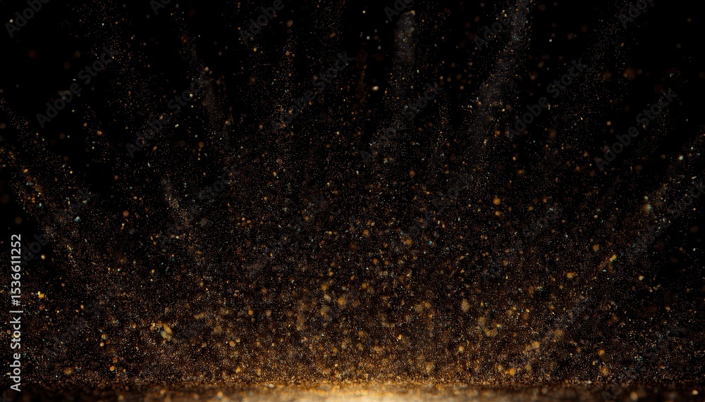 Poster golden particle burst in dark space with glittering dust trails and glowing abstract light patterns 