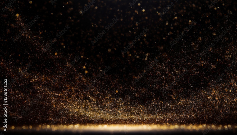 Poster golden particle burst in dark space with glittering dust trails and glowing abstract light patterns 