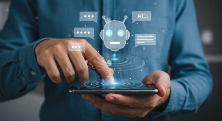 Man interacts with a chatbot on his smartphone using artificial intelligence