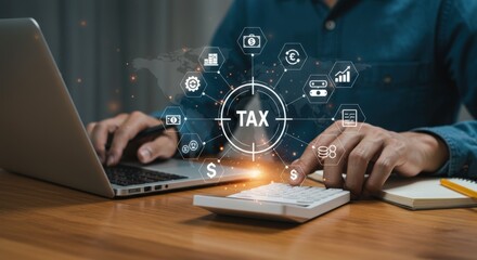 A person is working on taxes with a laptop and calculator surrounded by financial icons