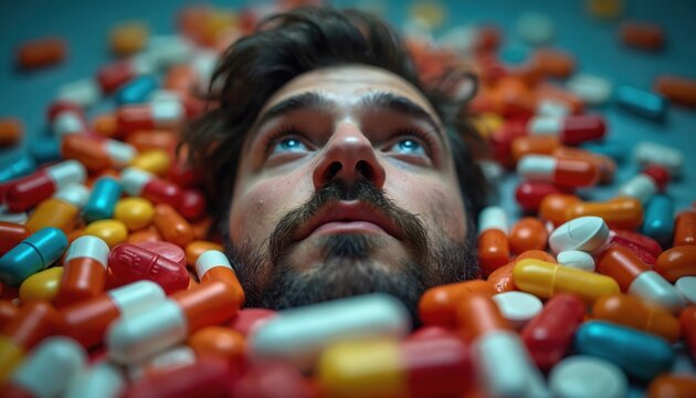Man submerged, surrounded by pills, capsules. Overwhelmed by medication, facing health, mental health crisis. Drug addiction, overdose, pharmaceutical industry. Consider alternatives like sleep,