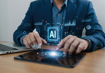 Businessman using a digital tablet with artificial intelligence interface and data analytics charts