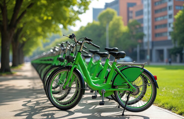 Green public rental bikes in a row located outside park. Eco-friendly urban transport concept. Bike sharing service. Modern city life. Alternative transportation, healthy lifestyle concept.
