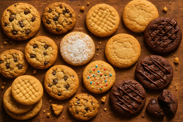 A cozy rustic overhead display of assorted freshly baked cookies on warm textured wooden surface.