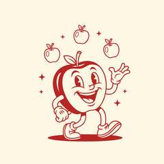 Happy Red Apple Cartoon Character Walking with Apples, Vintage Retro Illustration