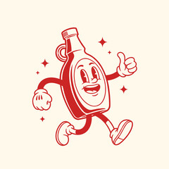 Happy Retro Cartoon Maple Syrup Bottle Character Running with Thumbs Up