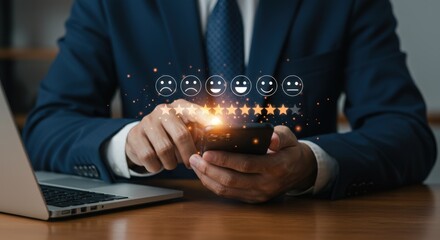 A businessman uses a smartphone to provide a five star rating for customer satisfaction and online service
