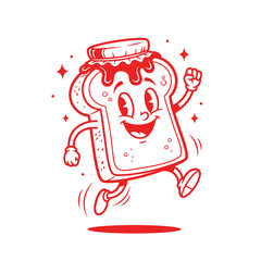 Happy Red Toast Cartoon Character Jumping with Jam Jar