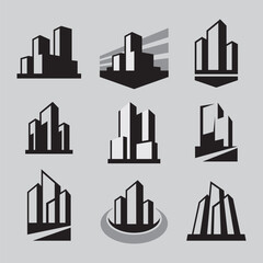 Vector city buildings silhouette icons