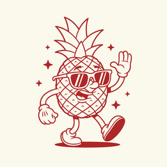 Walking Cartoon Pineapple Character in Red Line Art Illustration