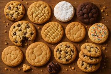 A cozy rustic overhead display of assorted freshly baked cookies on warm textured wooden surface.