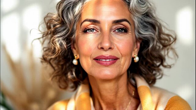 Smiling Caucasian woman in sunlight video. Beautiful mature model with grey hair portrait footage clip for skin care products, cosmetics, spa salon advert, lifestyle