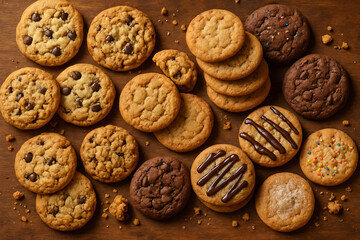 A cozy rustic overhead display of assorted freshly baked cookies on warm textured wooden surface.