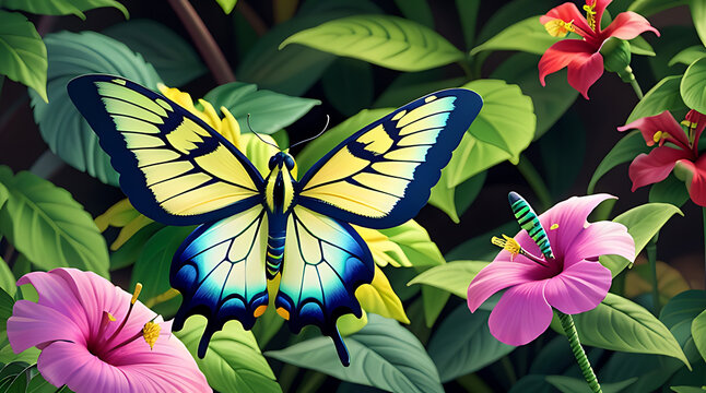 A beautiful, colorful swallowtail butterfly with intricate wings rests on a vibrant flower in a summer garden, a striking macro image of nature's beauty