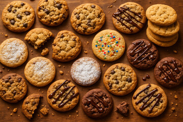 A cozy rustic overhead display of assorted freshly baked cookies on warm textured wooden surface.