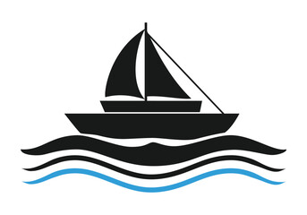 A minimalist black sailboat icon with a blue wave accent, perfect for representing marine recreation, serene voyages, and maritime travel