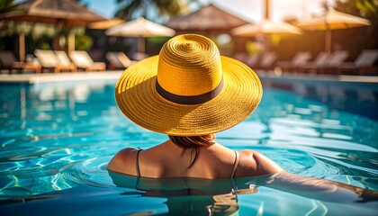 Woman Relaxing in Pool with Wearing Sun Hat, and Luxurious Resort Getaway.