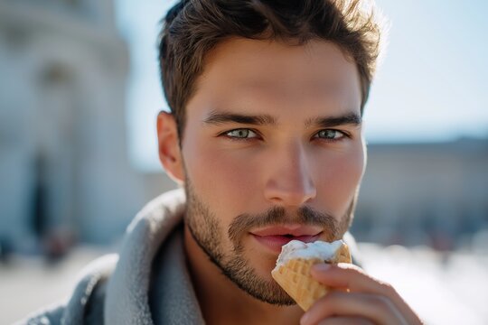 A man is eating an ice cream cone. The man is smiling and he is enjoying his treat - Powered by Adobe