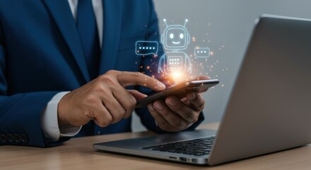 A businessman uses a mobile phone with a chatbot and laptop representing artificial intelligence and digital communication