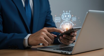 Businessman interacts with a chatbot on his phone while working on his laptop