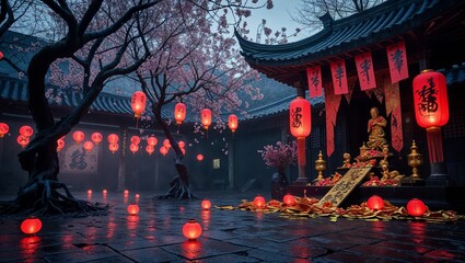 Lantern Lit Shrine: A Serene Asian Temple Scene with Blossoms and Ritual Decorations.