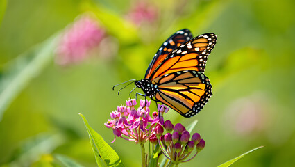 Fototapeta premium A monarch butterfly with vibrant orange and black wings delicately sips nectar from a colorful flower in a summer garden