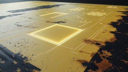 Futuristic tech panel with glowing elements on a weathered surface, overhead perspective