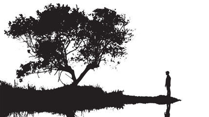 Silhouette of male at lake under tree isolated in White background