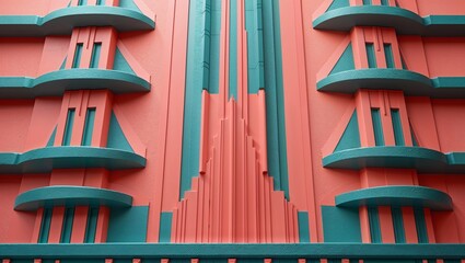 Art Deco building facade in teal and coral, architectural detail in Miami Beach style