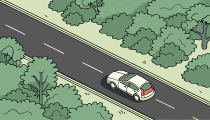 Aerial top view of electric vehicle driving on highway road in green forest. Sustainable transportation, zero emissions, and eco-friendly mobility for reducing carbon footprints. Road infrastructure, 