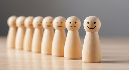 A row of cheerful wooden figures stands on a light wood surface, the foremost one smiling brightly