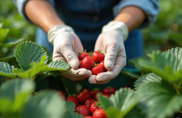 Person hands with gloves harvest fresh ripe strawberries in garden. Red berries held palms surrounded by green leaves. Summer harvest, gardening. Eco farming. Healthy food.