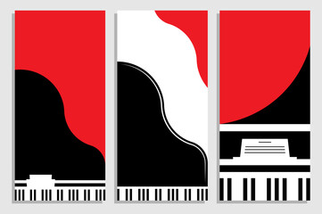 Set of vertical flyers with concert piano royal top view. Pianist place under spotlights. Templates for party invitation, banners, brochures print. Black, red and white minimalistic vector