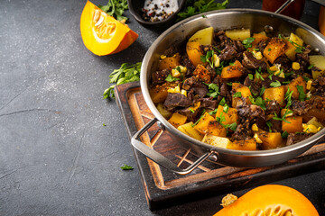 Pumpkin stew with potato and beef meat