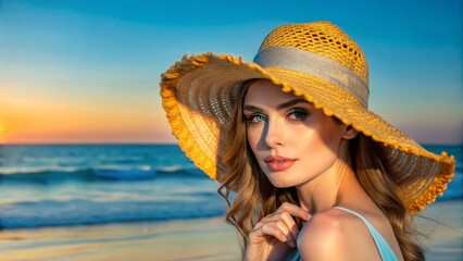 Beautiful woman at golden hour light, summer sunset beach vacation.