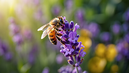 Bee gathering nectar on lavender flowers in a summer garden