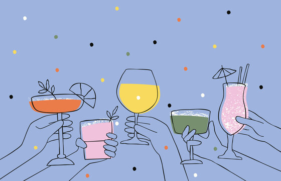 Poster with cocktails in hands on blue background. Poster with hands holding alcoholic drinks and falling confetti. Illustration for bar or party on dark background. Flat vector illustration