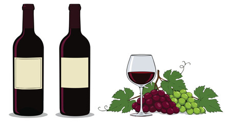 Red Wine Bottles, Glass, and Grapes Set

