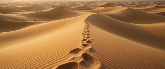Vast endless desert dunes with deep footprints leading through sandy landscape under warm sunlight