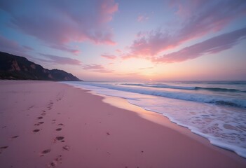 Fototapeta premium Pink Sand Beach with Soft Waves and Gentle Foam – Dreamy Coastal Landscape
