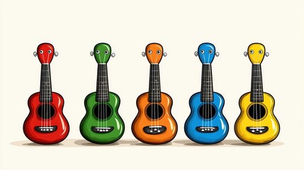 Naklejka premium Five Colorful Pixel Art Ukuleles in a Row