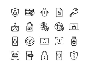 Cybersecurity Vector Icon Set | Adjustable Line Weight | Shield, padlock, firewall, password, malware, phishing, hacker, encryption, VPN, privacy, data, protection, secure, internet, safety icons